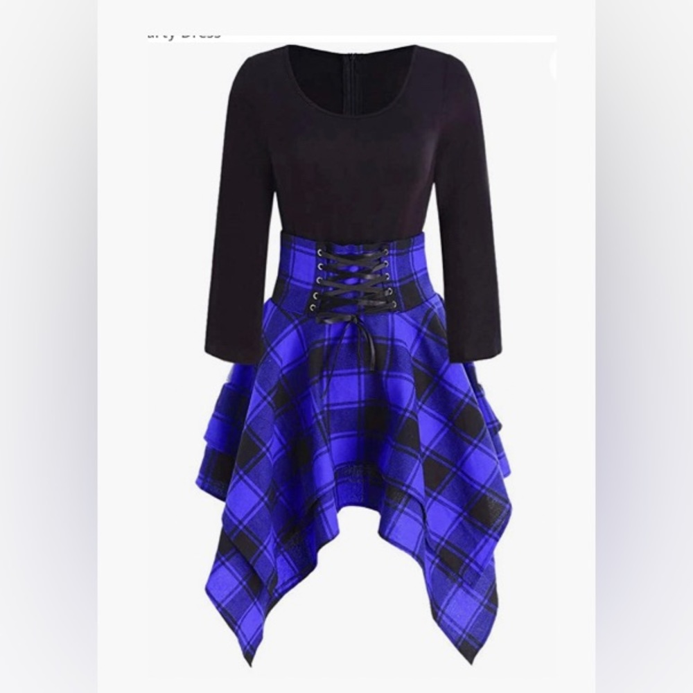 Blue and black plaid corset skirt dress, with zipper in the back